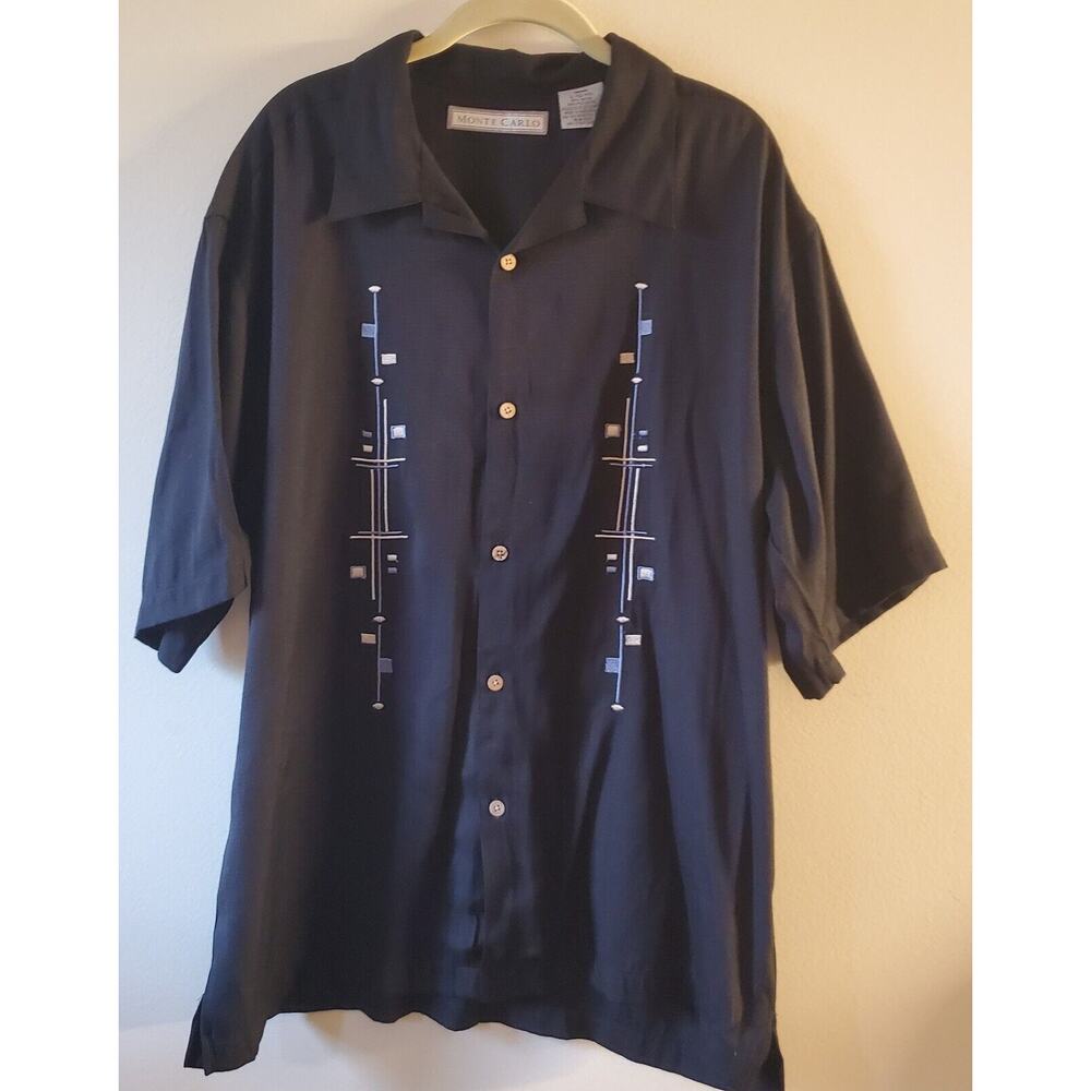 Monte Carlo Men's L Black Cuban Button Up Shirt Short Sleeve Embroidered